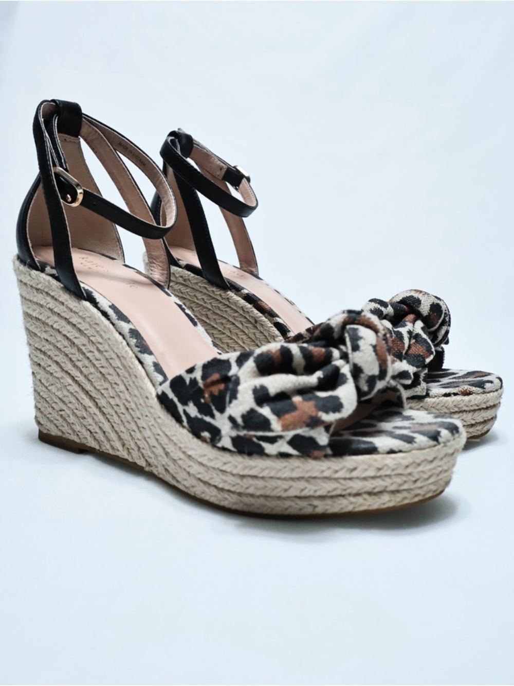 Kate Spade Leopard Print Espadrille Wedge Sandals with Black Ankle Strap
